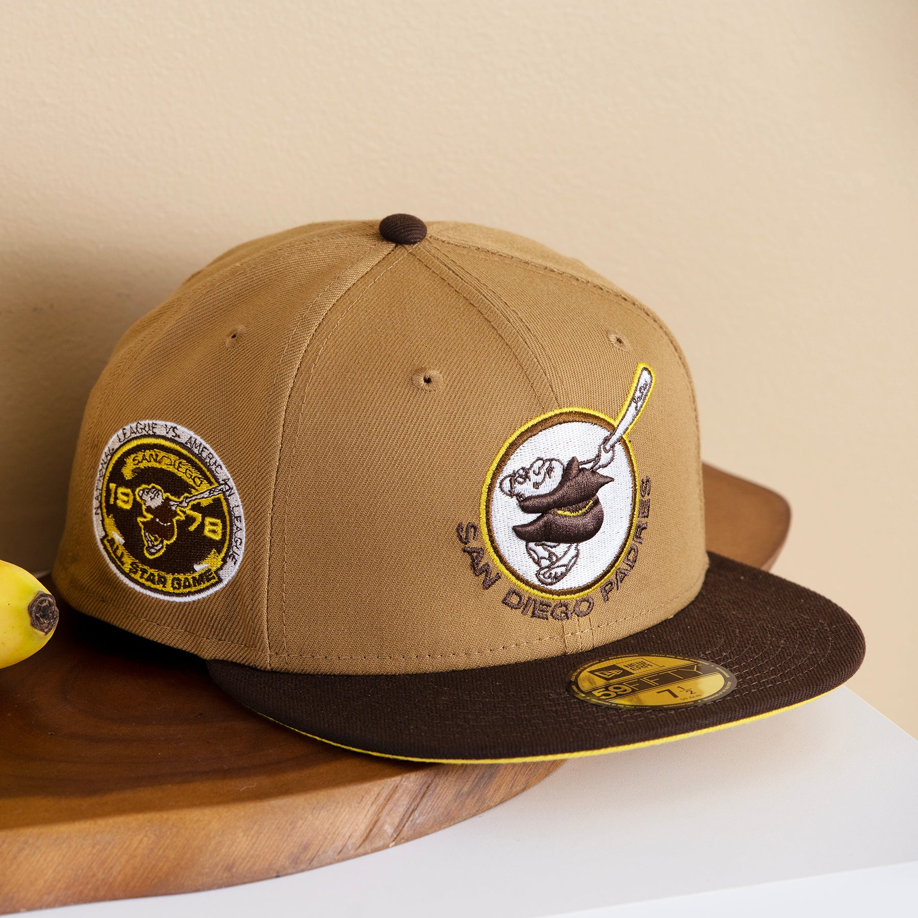 Tan San Diego Padres Brown Visor Yellow Bottom 1978 All Star Game Side Patch New Era 59FIFTY Fitted 71/4